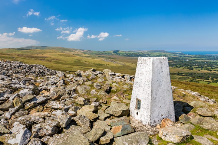 Triangulation (trig) point named Foel Drygarn in the Preseli Hills, Pembrokeshire Coast National Park