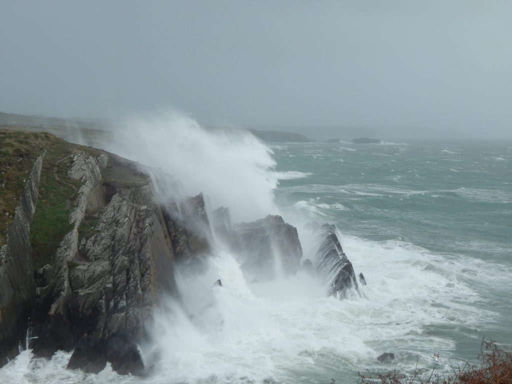 Entrance to Porth Clais Harbour near St Davids during Storm Ophelia in 2018