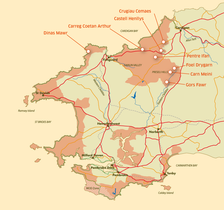 A map of seven prehistori sites in the Castell Henllys area