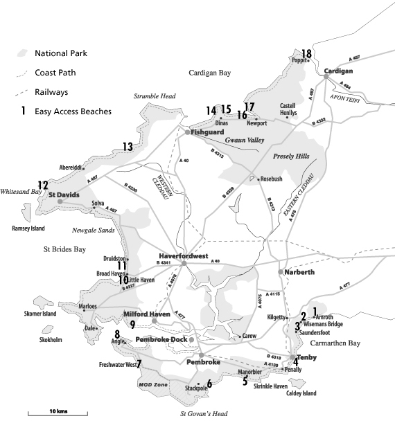 A map of easy access beaches in Pembrokeshire Coast National Park