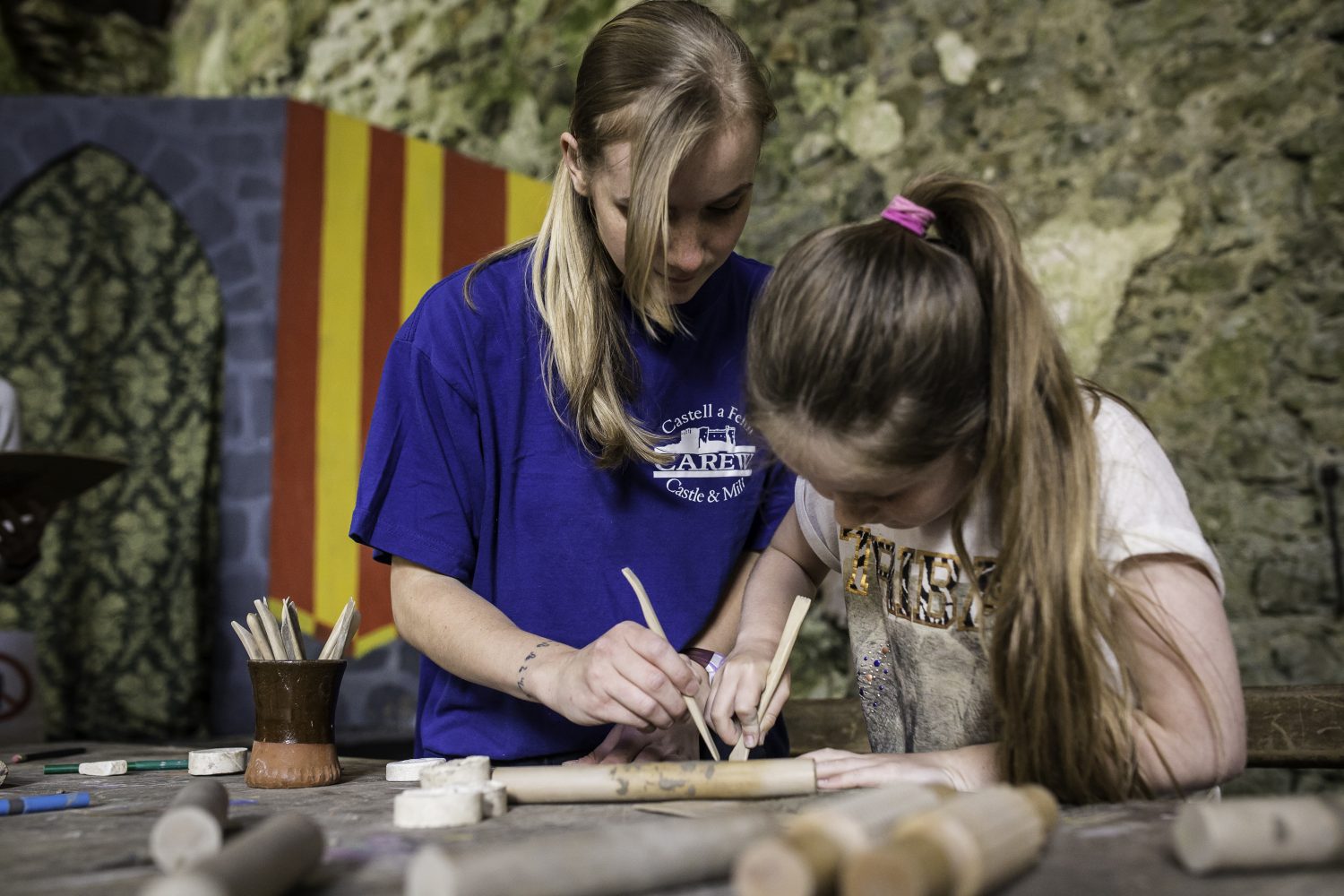 Art activity at Carew Castle and Tidal Mill, Pembrokeshire Coast National Park, Wales, UK