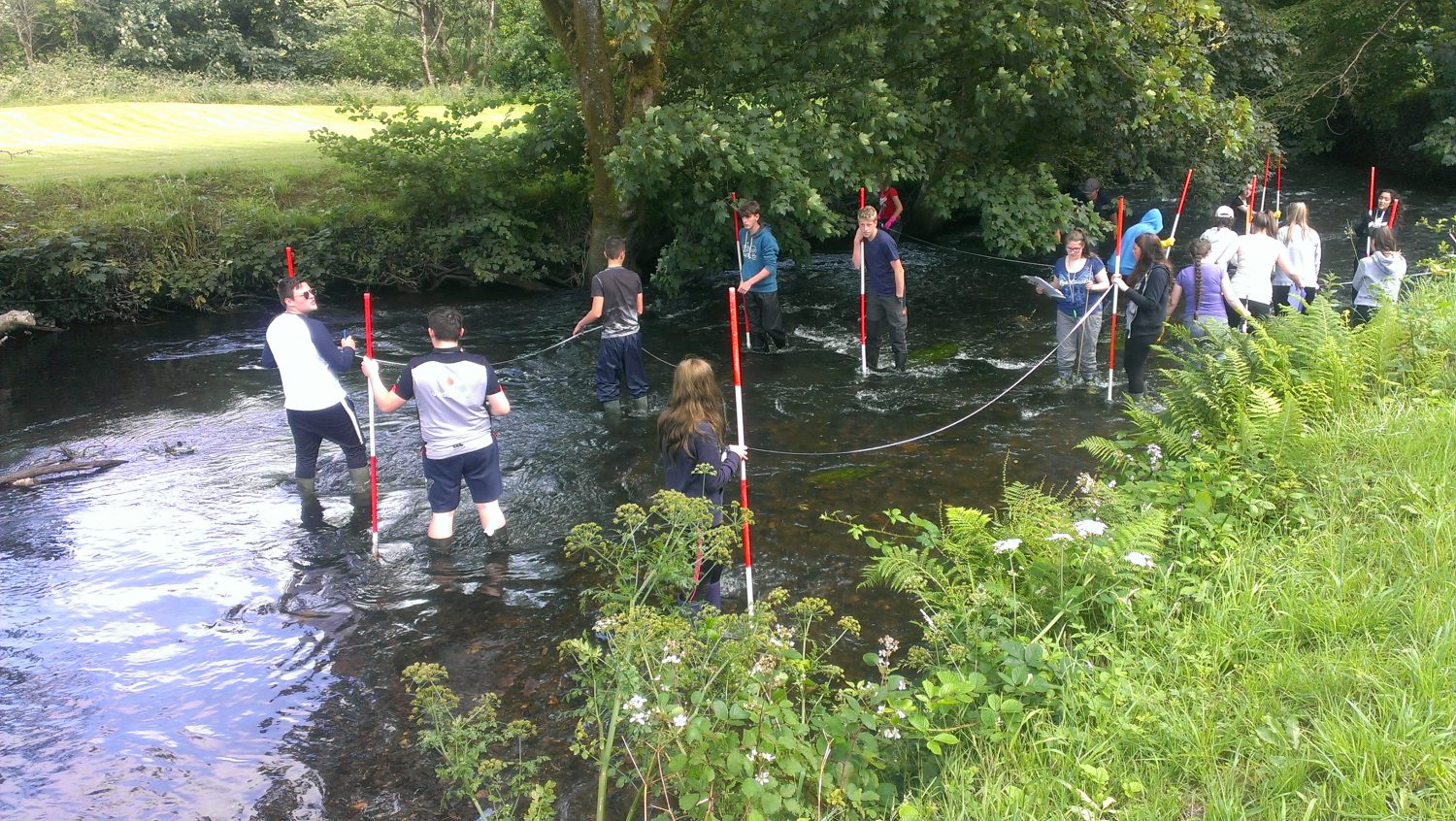 GCSE pupils measuring river channel and water flow in the Syfynwy River, Pembrokeshire Coast National Park, Wales, UK