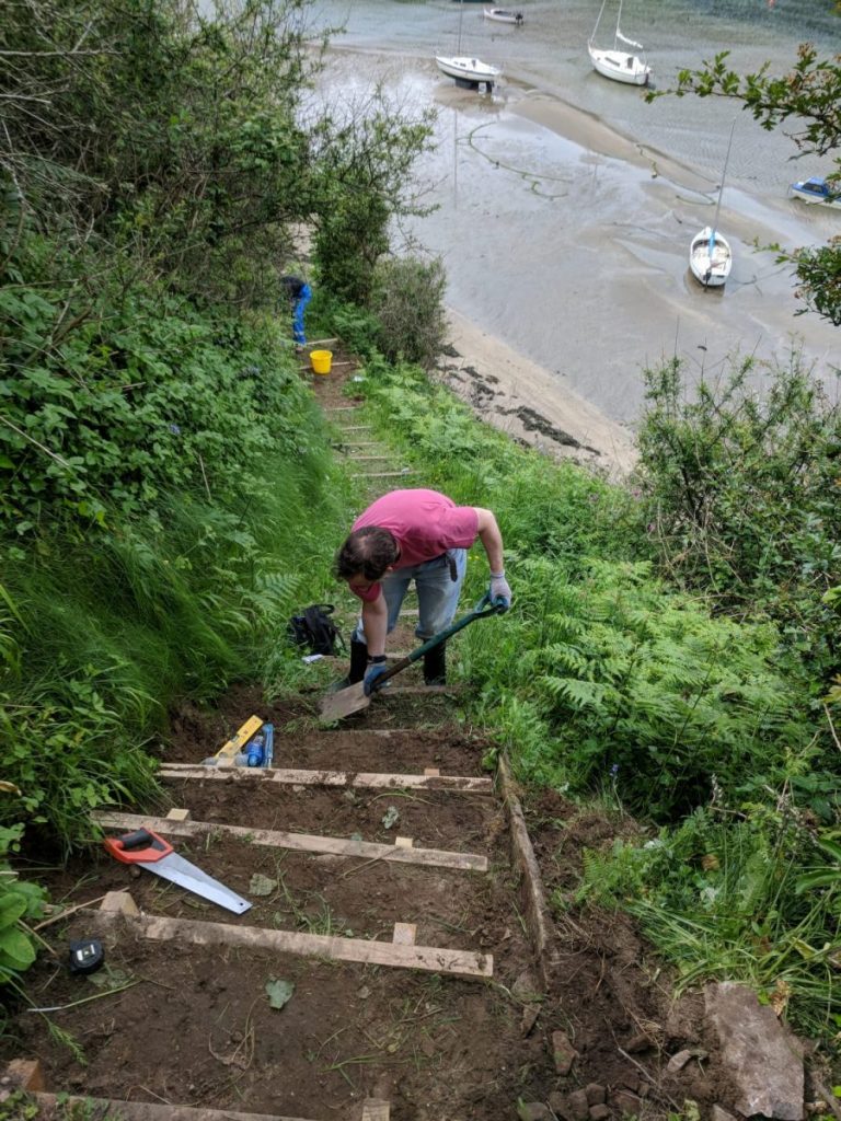 Pathways volunteers installing steps at Solva Harbour, Pembrokeshire Coast National Park, Wales, UK