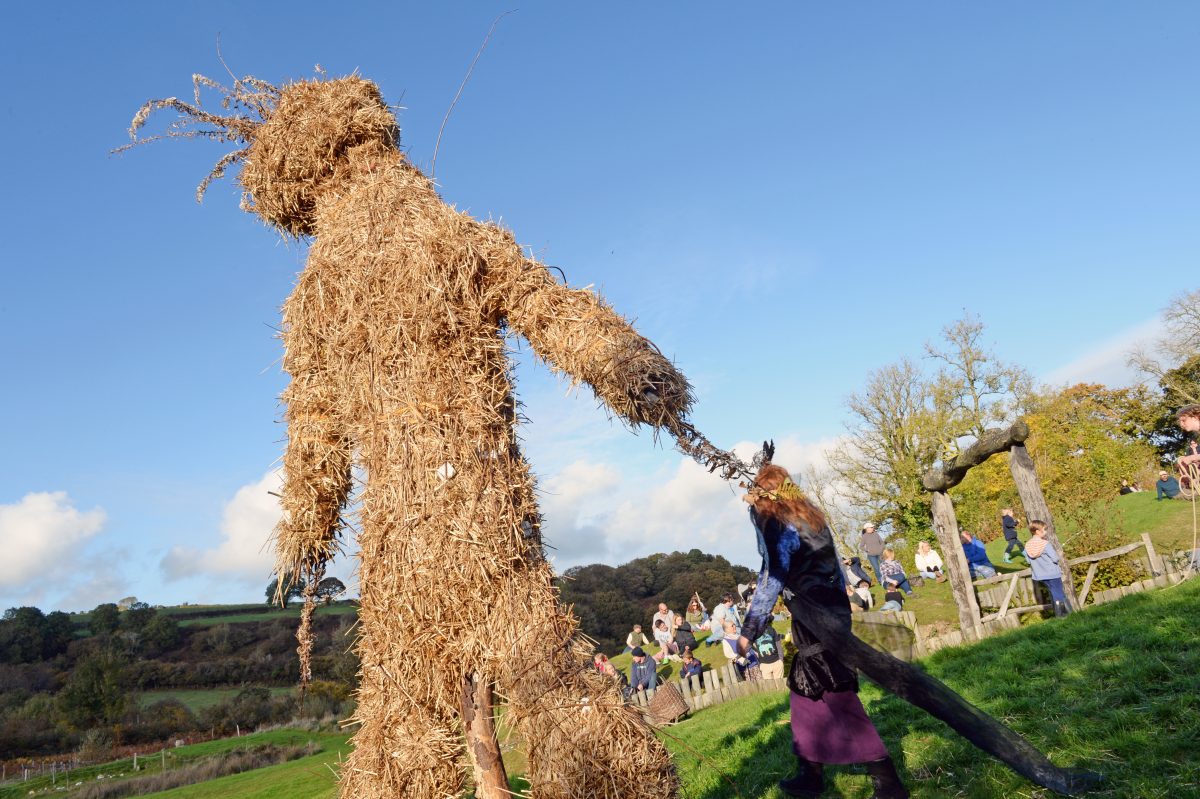 Wicker man at Castell Henllys Iron Age Village, Pembrokeshire Coast National Park, Wales, Uk