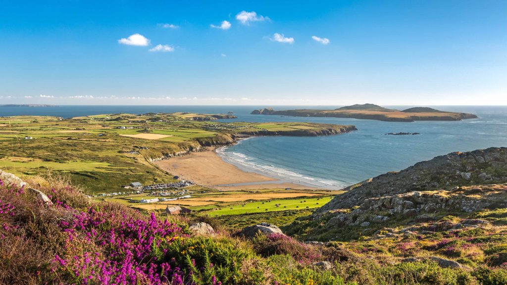 View across Whitesands Bay to Ramsey Island to Carn Llidi, Pembrokeshire Coast National Park, Wales, UK