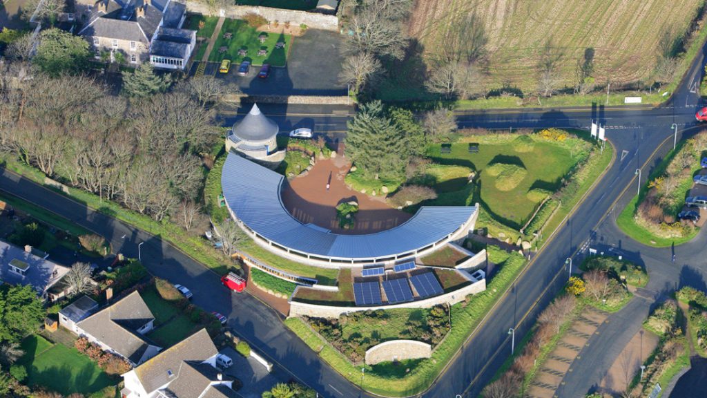 Aerial image of Oriel y Parc Gallery and Visitor Centre, St Davids, Pembrokeshire Coast National Park, Wales, UK