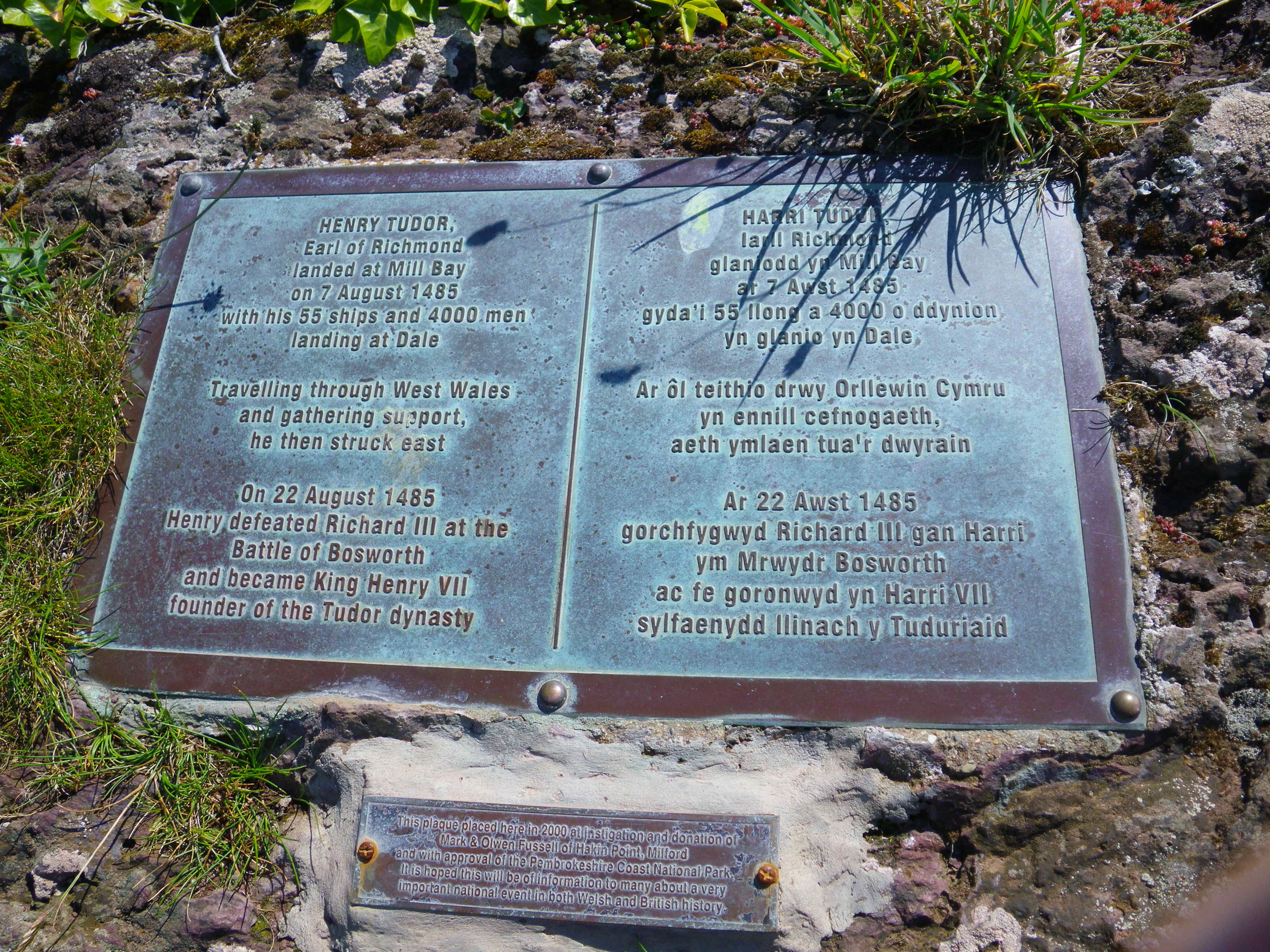 Plaque commemorating Henry Tudor's landing at Mill Bay, Dale in August 1485 en route to Battle of Bosworth