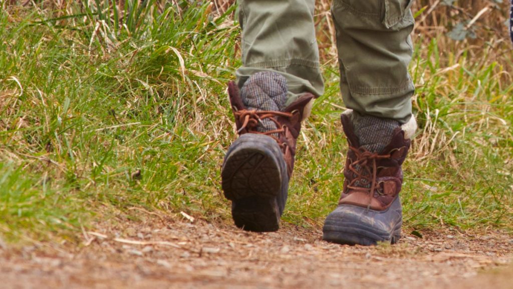 Close up of hiking boots on a footpath