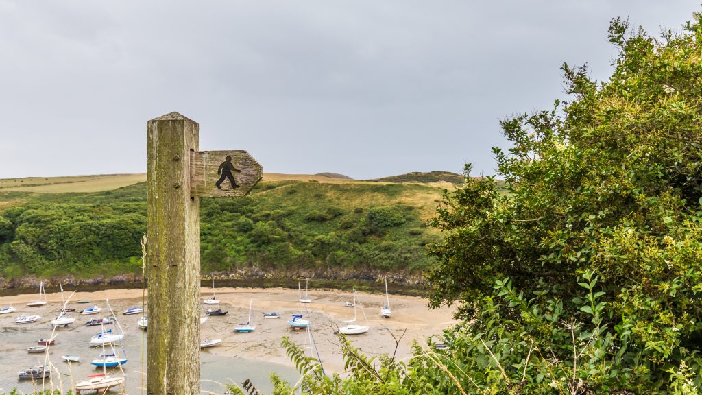 Route sign of Pembrokeshire Coast Path, Solva, Pembrokeshire Coast National Park, Wales, UK