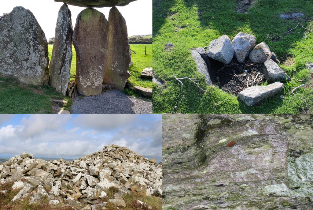 Some recent examples of heritage crimes damaging iconic monuments in the National Park: graffiti at Pentre Ifan Neolithic burial chamber (upper left); evidence of fire at Carn Ingli Camp (upper right), coins hammered into the pilgrim’s cross at Nevern (lower right) and rearrangement of a Bronze Age burial cairn at Carn Briw Round Cairn (lower left).