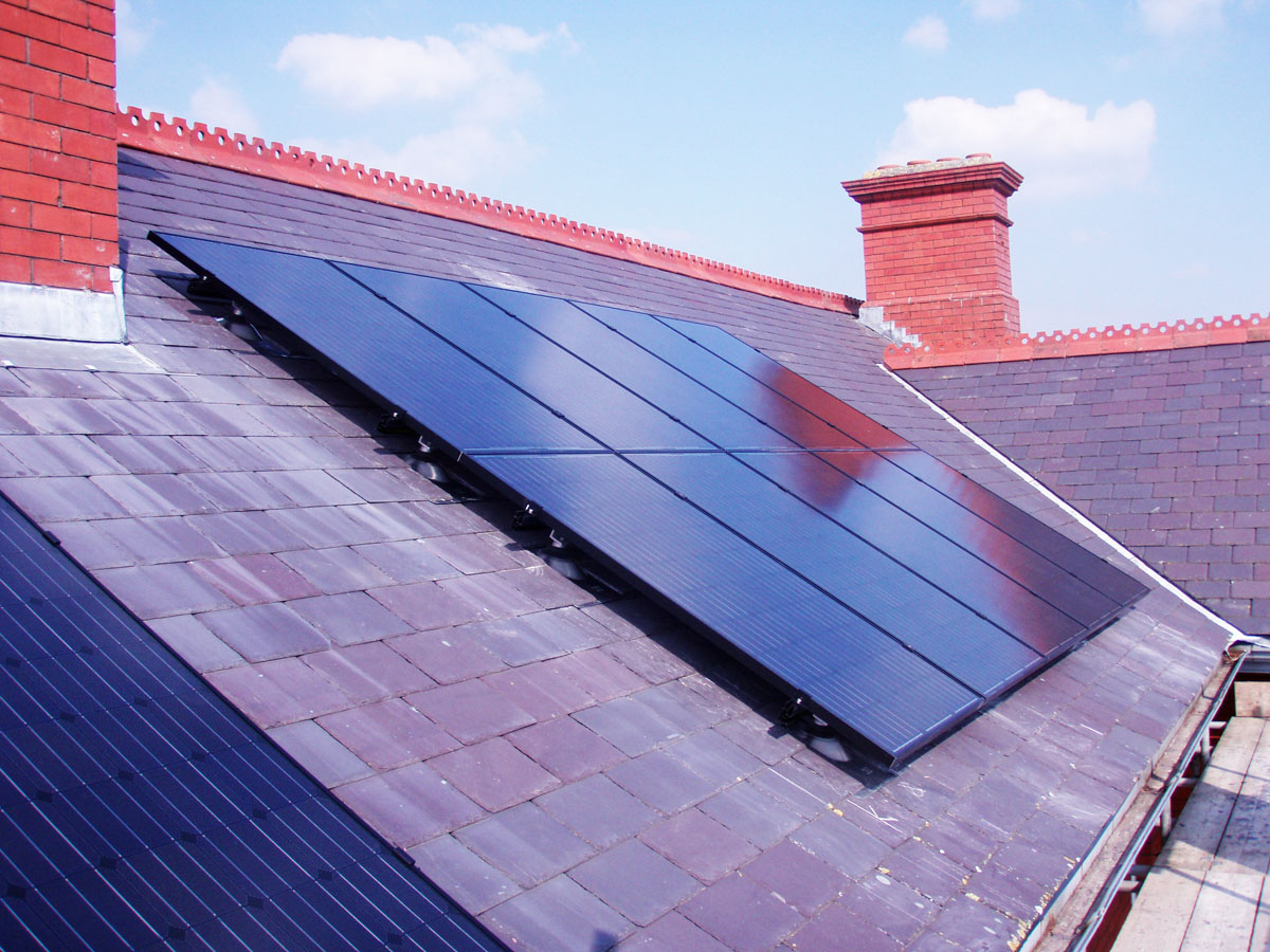 Photovoltaic panels on the roof of Llanion Park, Pembroke Dock