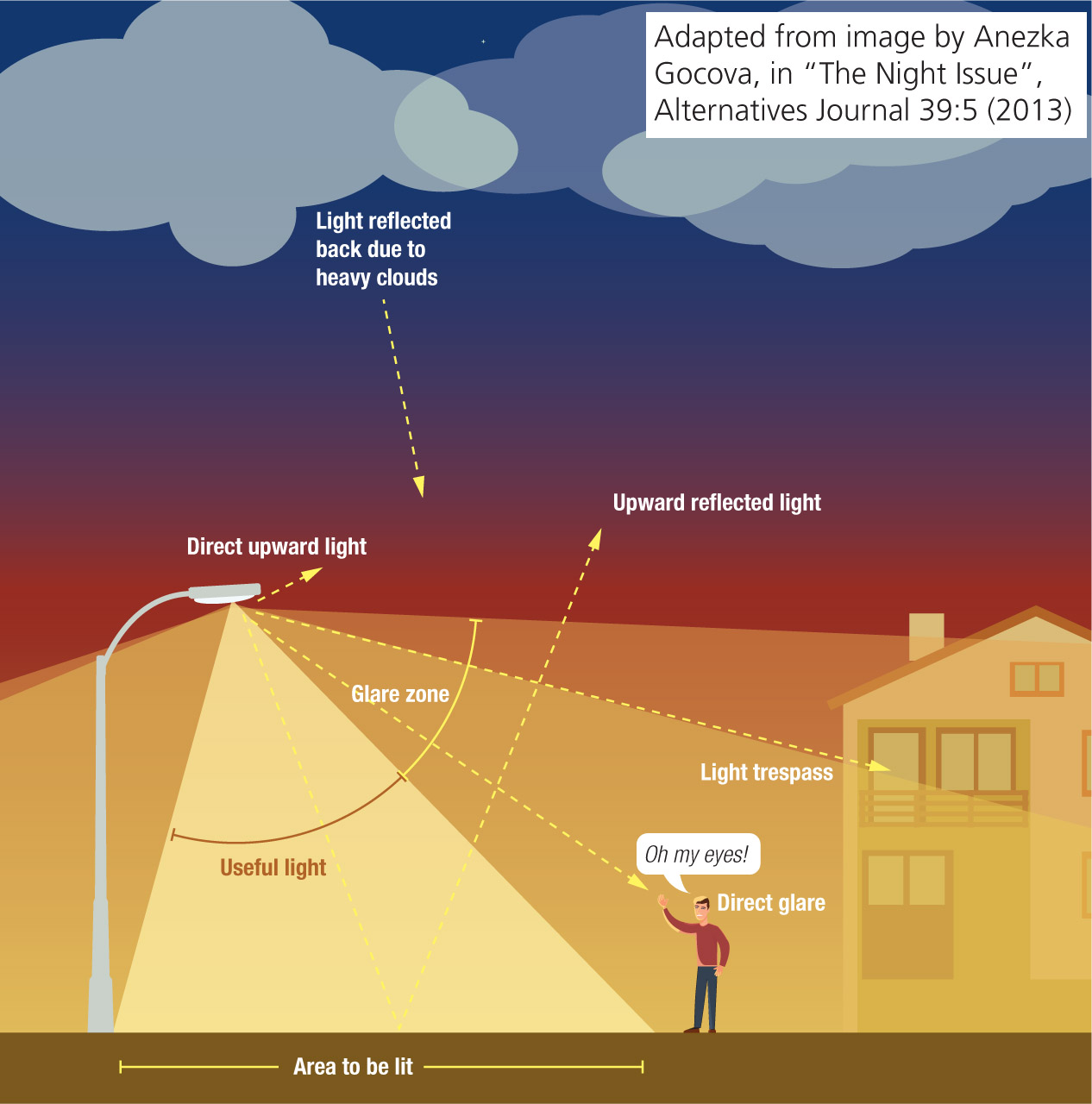 Infographic illustrating the different components of light pollution and what “good” lighting looks like. Showing light reflected back due to heavy clouds, direct upward light, upward reflected light, light trespass, direct glare, useful light and glare zone.