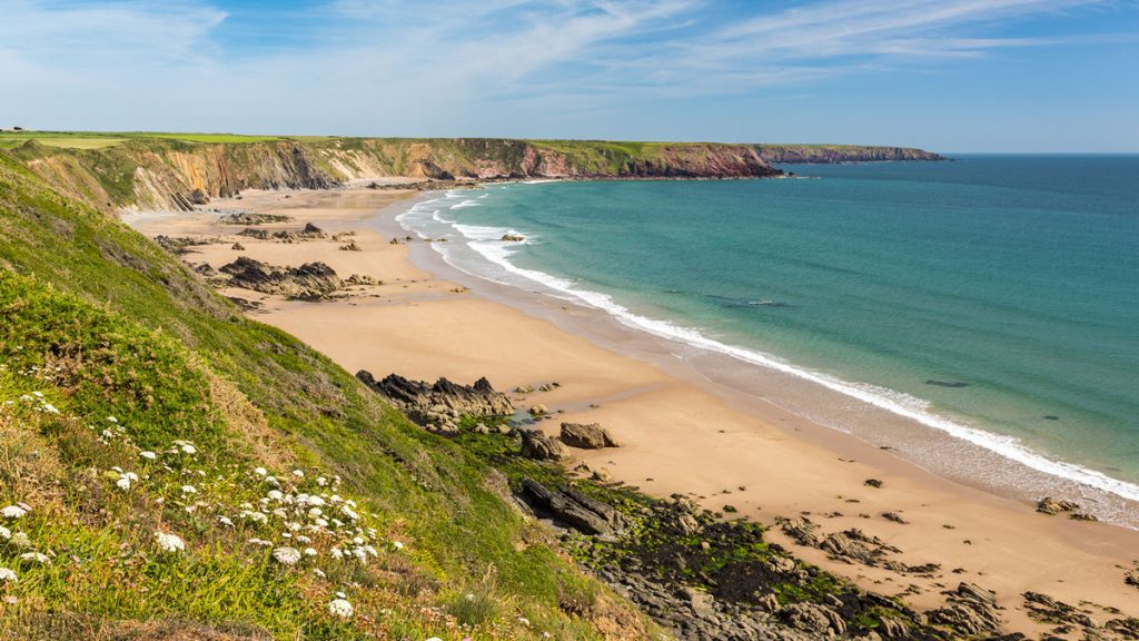 Sandy beach with protruding rocks backed by grassy cliffs