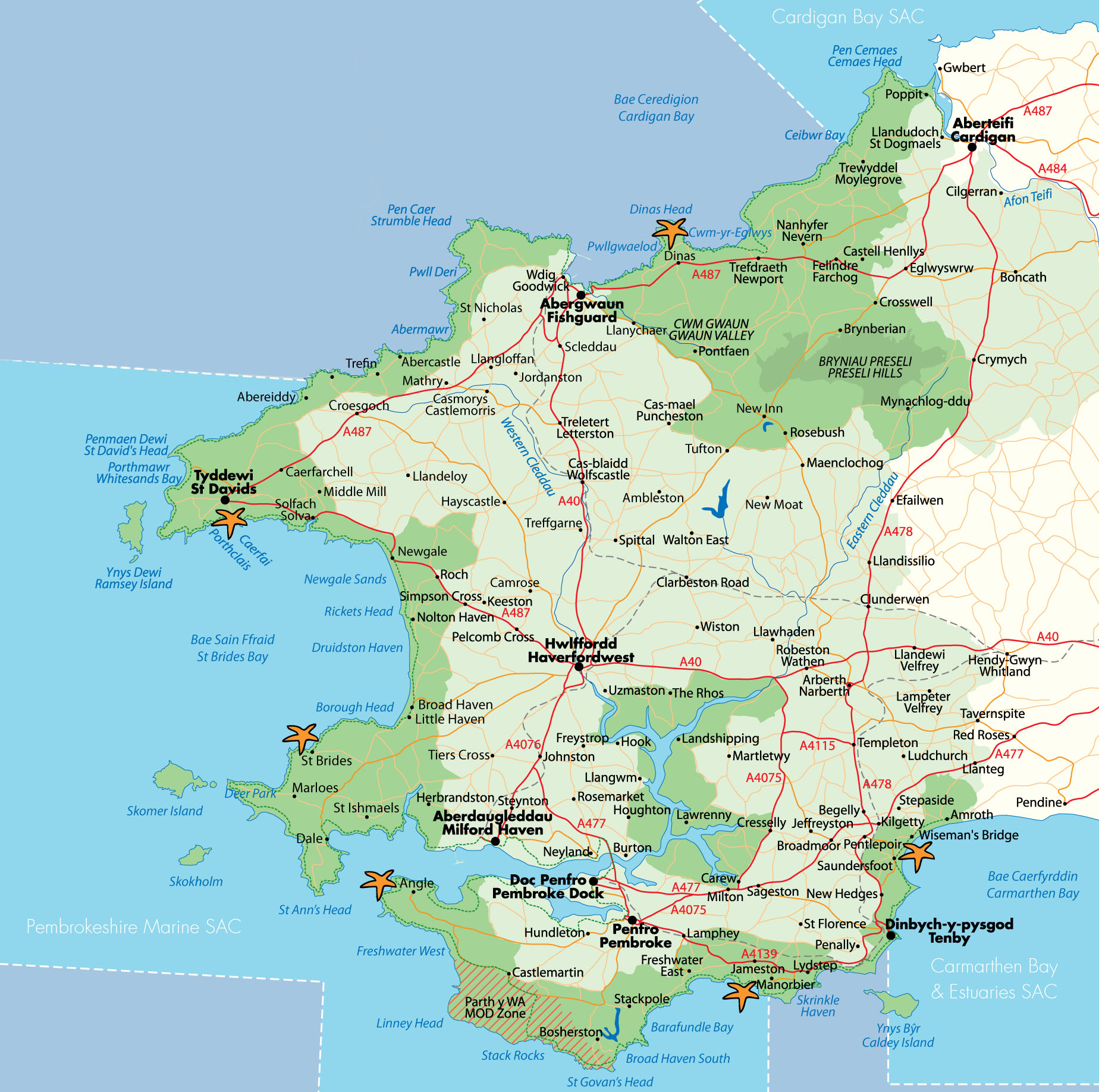 Map of Pembrokeshire showing rockpooling hotspots