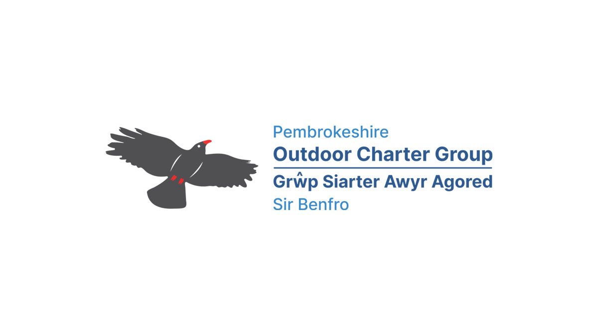 Logo featuring image of a black bird with red beak and legs (a chough) with the next 'Pembrokeshire Outdoor Charter Group