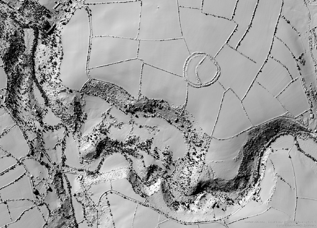 An aerial view of the Nevern Valley using lower resolution Lidar data (© Natural Resources Wales and Database Right. All rights reserved) with the circular prehistoric enclosure known as Castell Mawr visible.