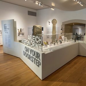 Image of an exhibition in an art gallery including various natural history finds and a decal that reads 'On Your Doorstep'