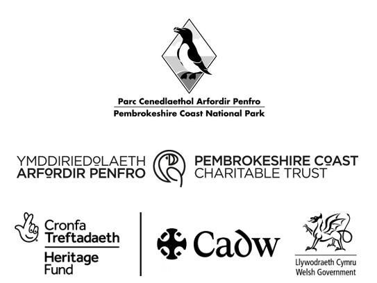 Logos for the Pembrokeshire Coast National Park, Pembrokeshire Coast National Park trust, Heritage Lottery Fund, Cadw and Welsh Government