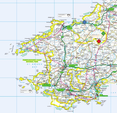 Aerial map showing location of the three scheduled monuments in the Pembrokeshire Coast National Park (indicated by red, green and blue diamonds).