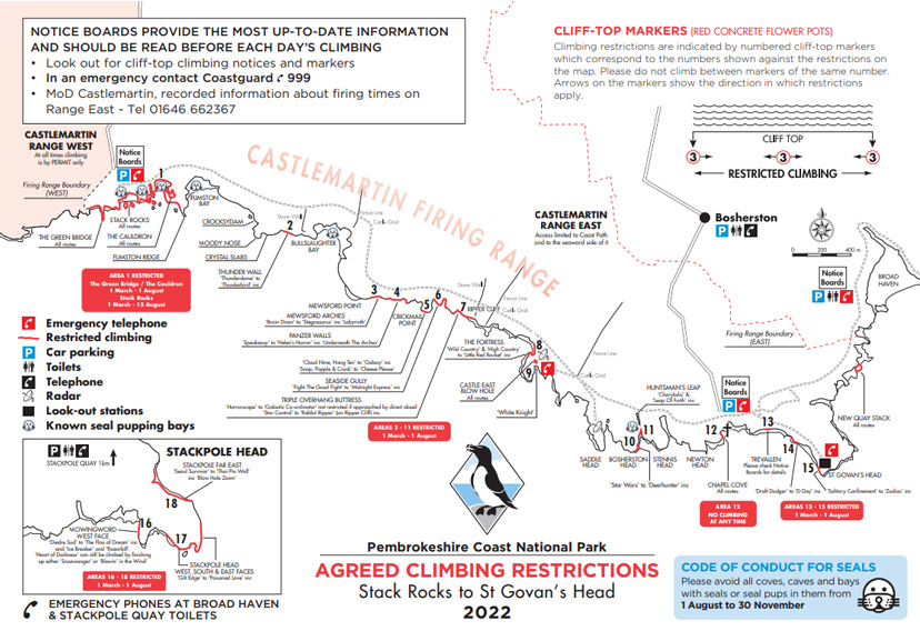 Map showing agreed climbing restrictions for Pembrokeshire in 2022