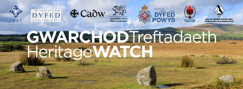 Image of Gors Fawr standing stones with Heritage Watch partner logos (CPAT, Dyfed Archaeological Trust, Cadw, Welsh Government, Dyfed-Powys Police and Pembrokeshire Coast National Park Authority)
