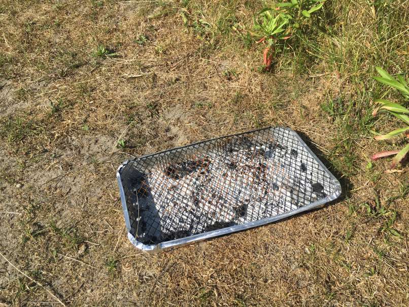 A discarded barbecue right next to vegetation
