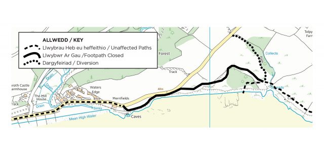 Map showing the diversion along the Coast Path between New Inn, Amroth and Telpyn Beach access path following a cliff fall in early September 2022.