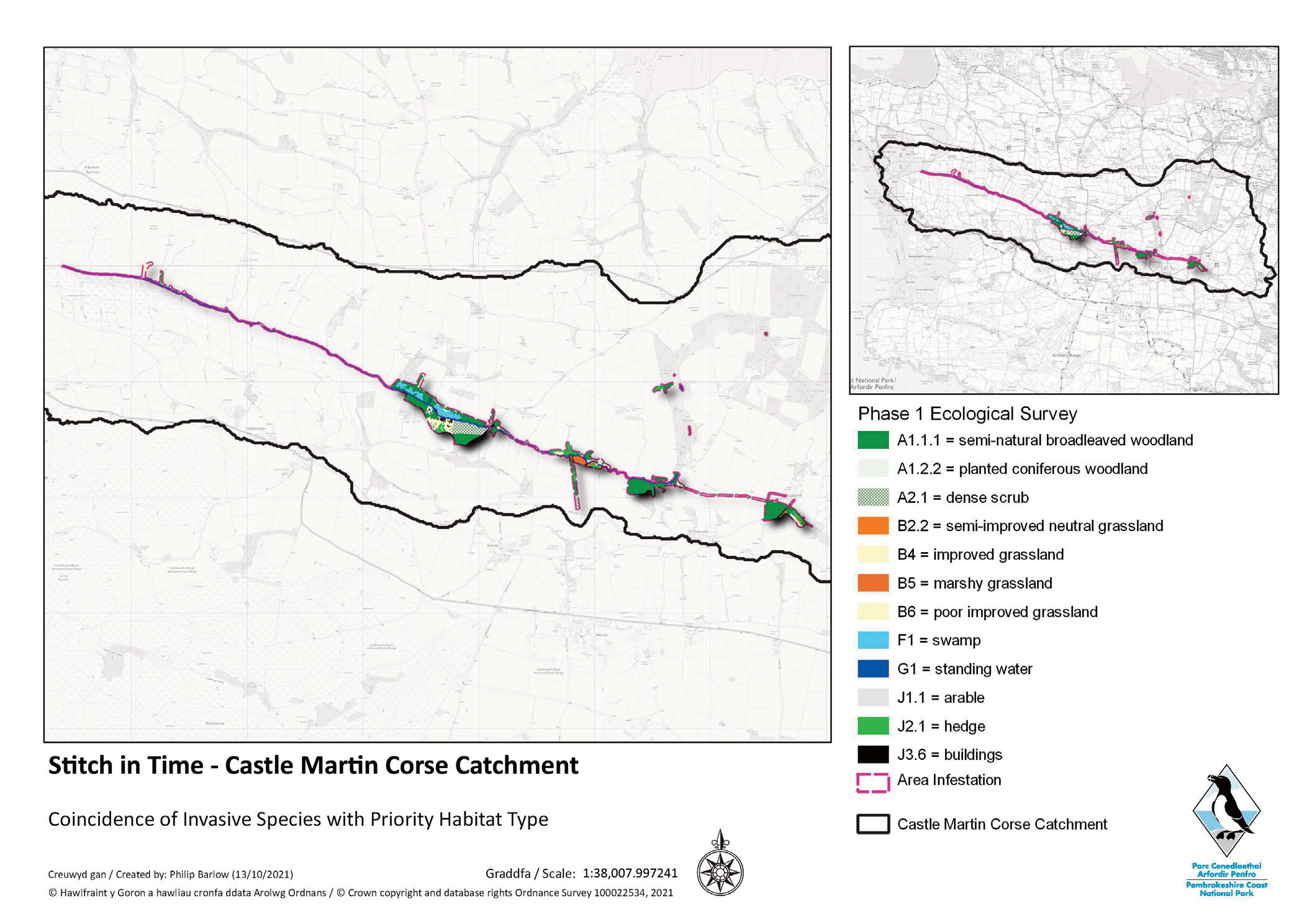 Map of Castlemartin Corse catchment showing coincidence of Invasive Species with Priority Habitat Type