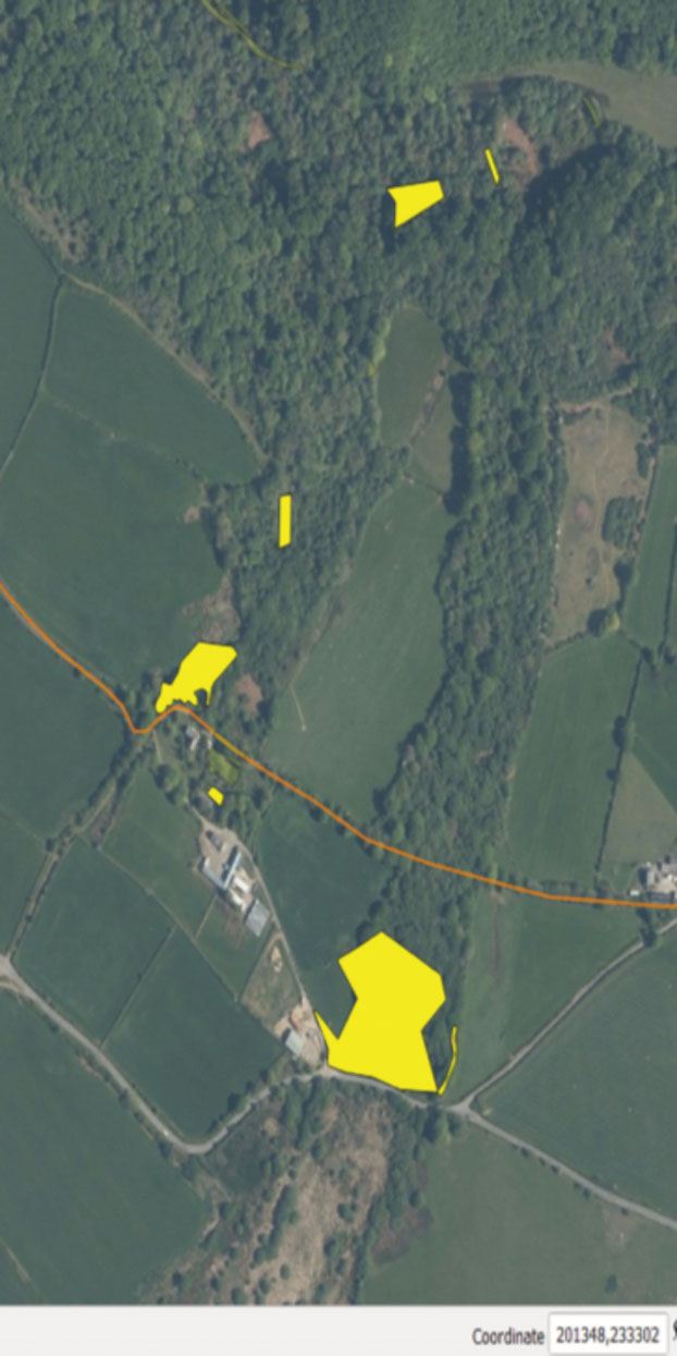 Map showing Cilciffeth catchment with yellow areas showing infestation of Himalayan Balsam