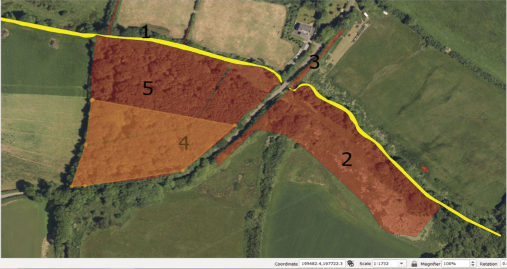 Map showing Chapel Hill, Castemartin Corse, total area of Himalayan balsam infestation: 28.45ha. Surrounding land use concentrates the Himalayan balsam infestation in deciduous woodland (polygons 4 and 5 - Chapel Hill wood - 90% density), marshy grassland/willow and scrub (polygon 2- 50% density) and roadside hedge (polygon 3 - 50% density). The Corse stream is highlighted in yellow.