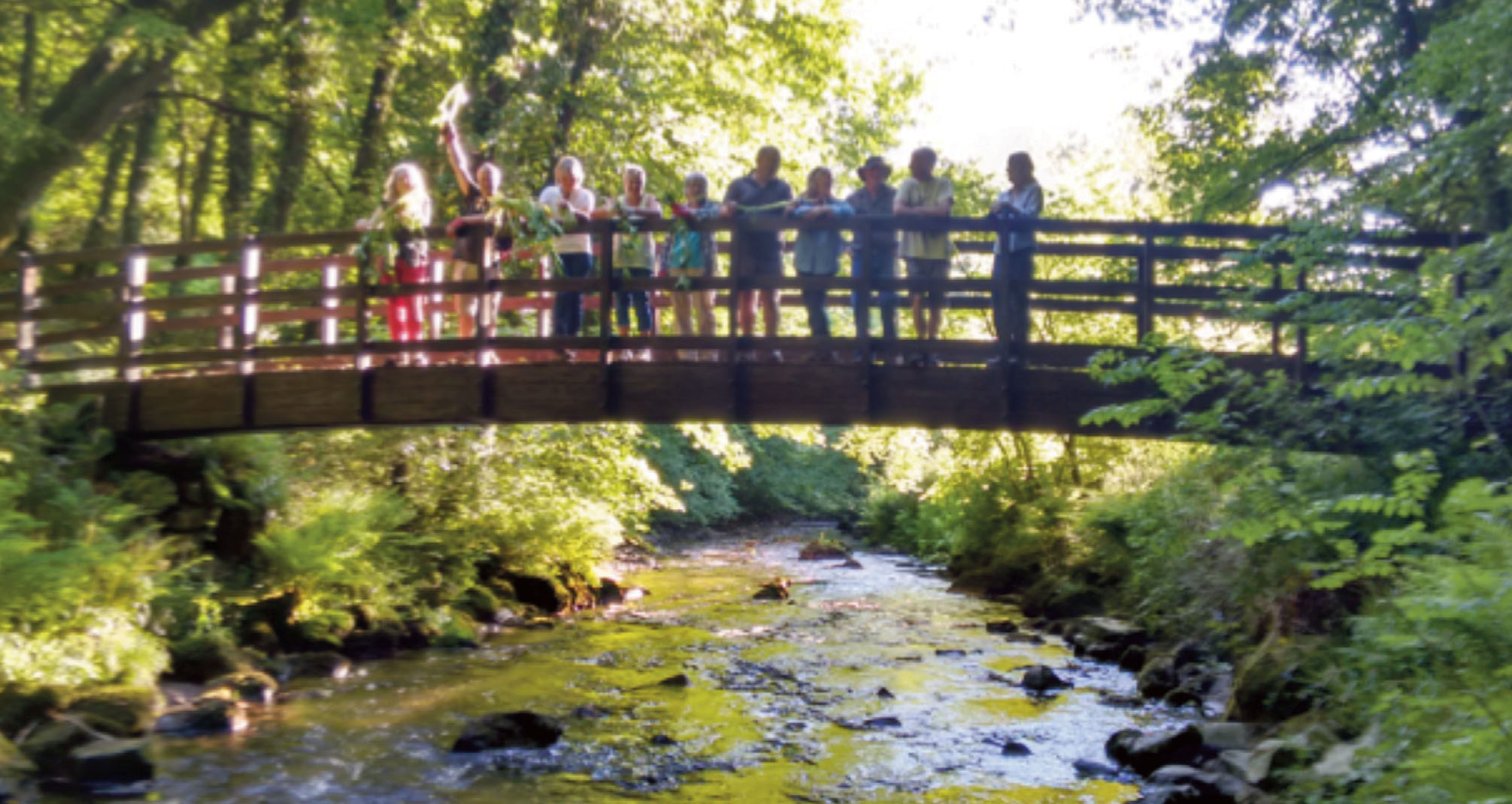 10 people standing on a wooden footbridge over a river. People pictured are volunteers who have been removing Himalayan Balsam from the Gwaun Valley, Pembrokeshire, Wales, UK