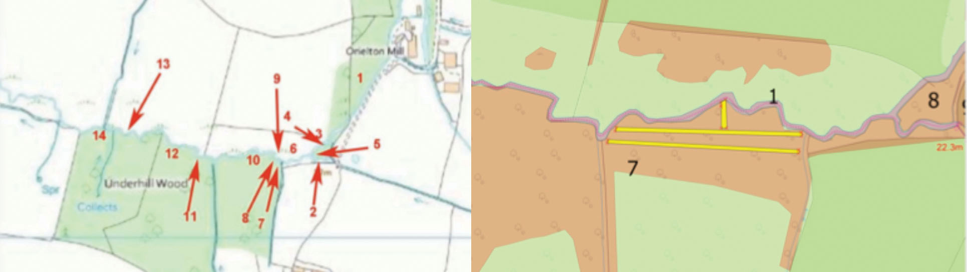 Maps showing results of otter survey (left) The otter survey map (left) and the area infestation polygon data (right). The yellow polygons highlight the linear access routes created