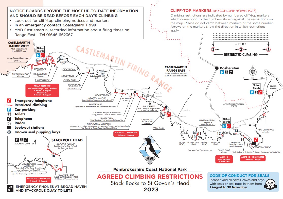 Map showing agreed climbing restrictions for Pembrokeshire in 2023