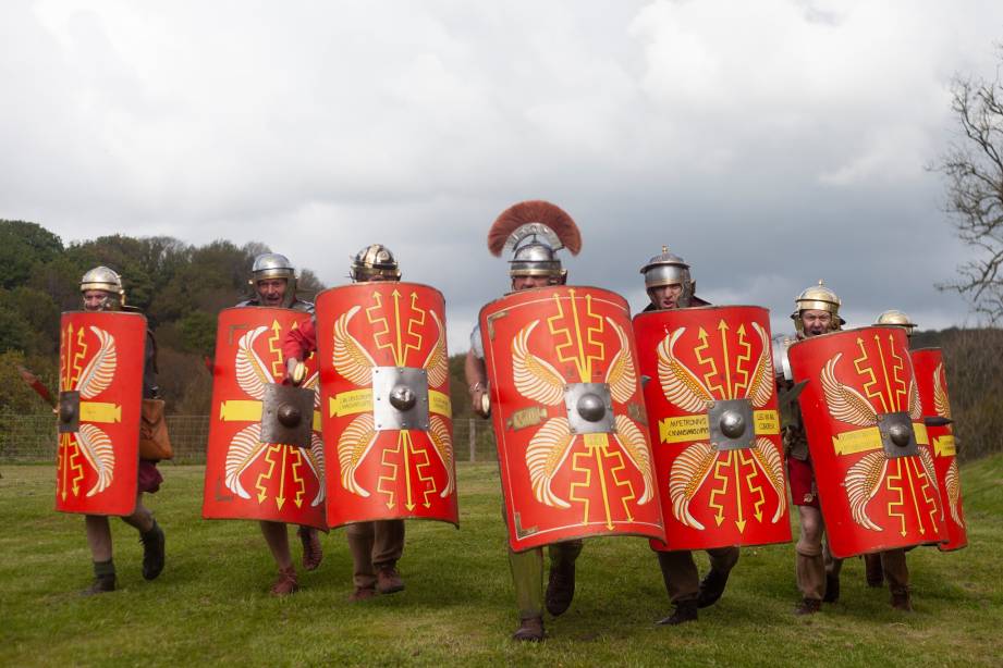 Costumed Roman soldiers with shields