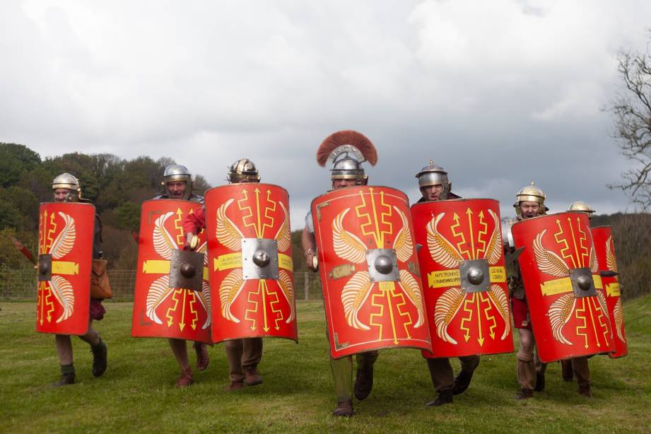Costumed Roman soldiers with shields