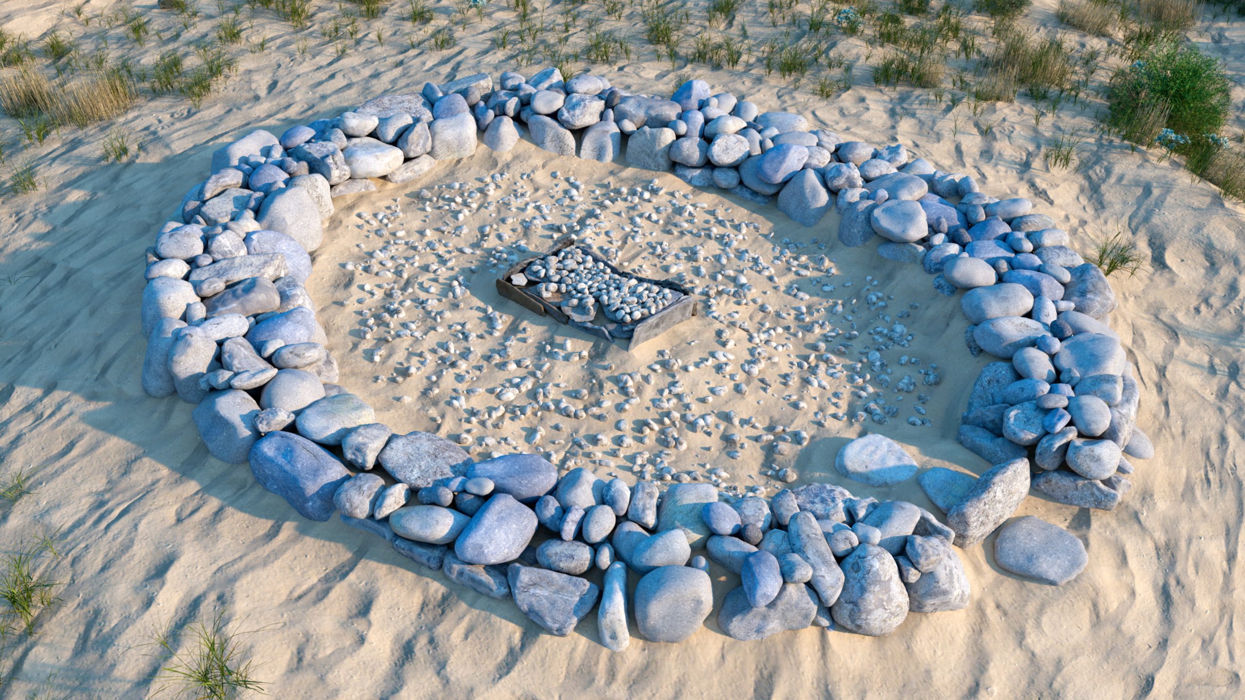 Computer generated reconstruction of an oval stone enclosure with a central, rectangular structure. Location depicted is St Patrick's Chapel, Whitesands, St Davids