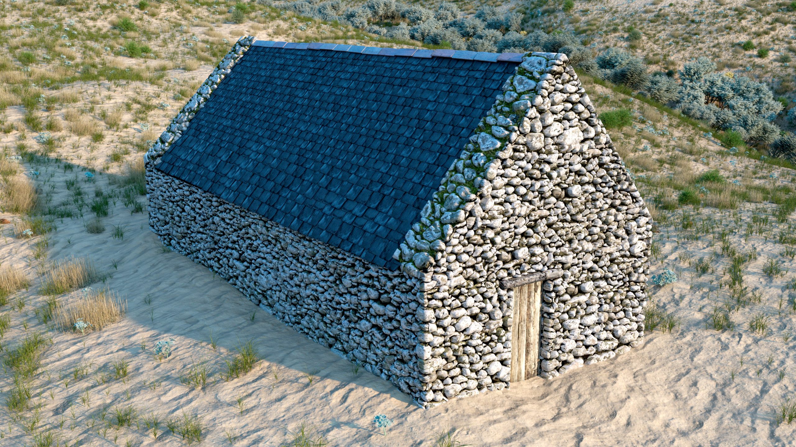 Computer generated reconstruction of a medieval stone chapel. Location depicted is St Patrick's Chapel, Whitesands, Pembrokeshire