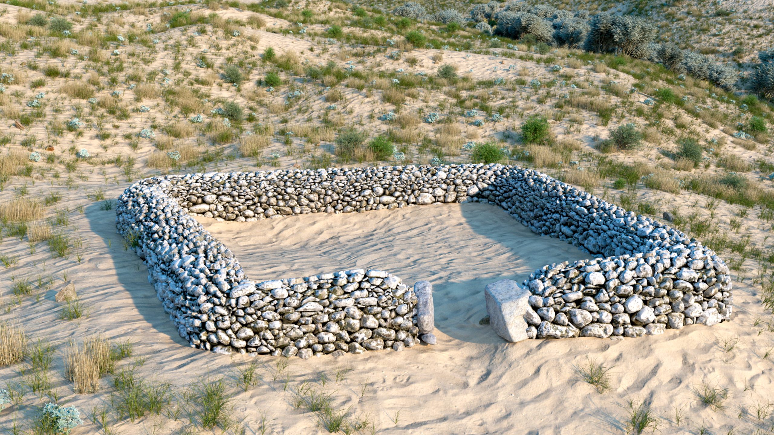 Computer generated image of a stone boundary wall. The wall was built to house a cemetery. Location depicted is St Patrick's Chapel, Whitesands, Pembrokeshire