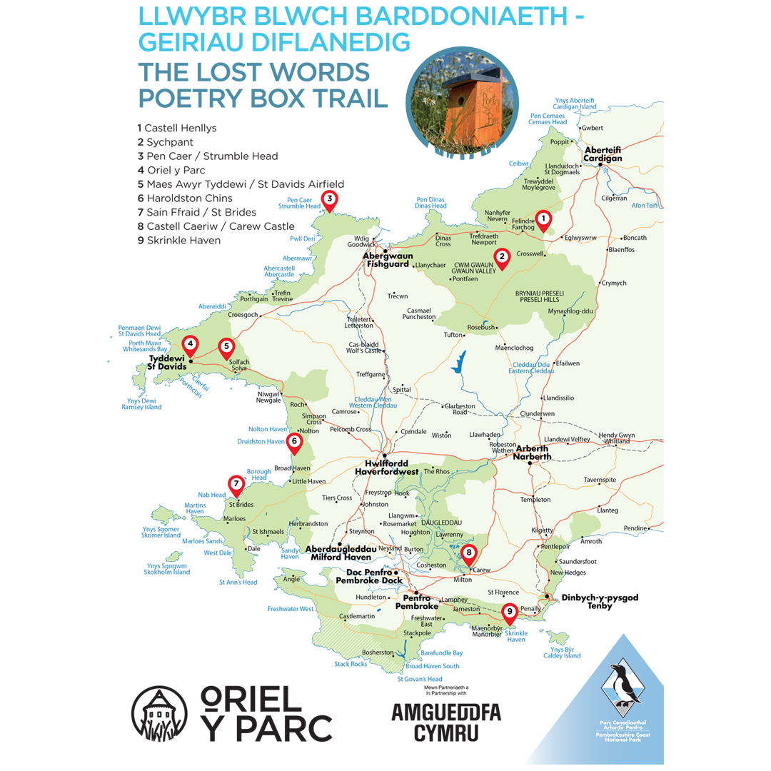 Map of Pembrokeshire showing locations that have a poetry box on The Lost Words Poetry Box Trali 2023