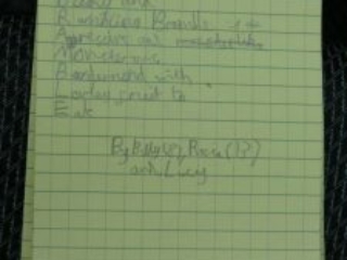 Acrostic poem written in a notepad. It reads: <ul> The Bramble</ul>  Bushy and Rambling Bramble Aggressive and  Monstrous Burdened with Lovely fruit to  Eat. By Billy (8), Rosie (13) and Lucy