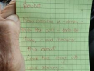 Poem written in a notebook. It reads: Recipe for wellbeing: Put your phone in our pocket. Now breathe in - deeply - taste the salt - taste the tang - and remember this moment Lock this image into your memory Take it out on a day of need - and enjoy