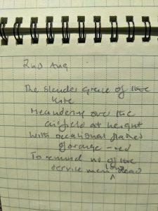 Poem written in a notepad. It reads: 2 Aug. The slender grace of the kite Meandering over the airfield at height With occasional flashes of orange-red To remind us of the servicemen, long dead