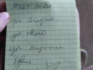 Poem written in Cymraeg (Welsh) in a notebook. It reads: Mae'r mor yn swyno yn rhuo yn mynnu sylw