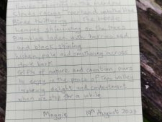Poem written in a notebook. It reads: Sun ghosting through clouds Ponies snorting in the meadow Clouds racing overhead into the blue Birds twittering in the breeze  Leaves shimmering on the trees Brambles laden with berries red and black, shining Lichen, pale and smothering across dark bark Gifts of nature and creation, ours to enjoy in the peace of valley Inspiring delight and contentment when we stop for a while.  Maggie 19th August 2023.