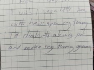 poem written in a notebook. It reads: I wish I was...  I wish I was a little bee With hairs upon by tummy I'd climb into a honey pot and make my tummy gummy