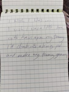 poem written in a notebook. It reads: I wish I was...  I wish I was a little bee With hairs upon by tummy I'd climb into a honey pot and make my tummy gummy