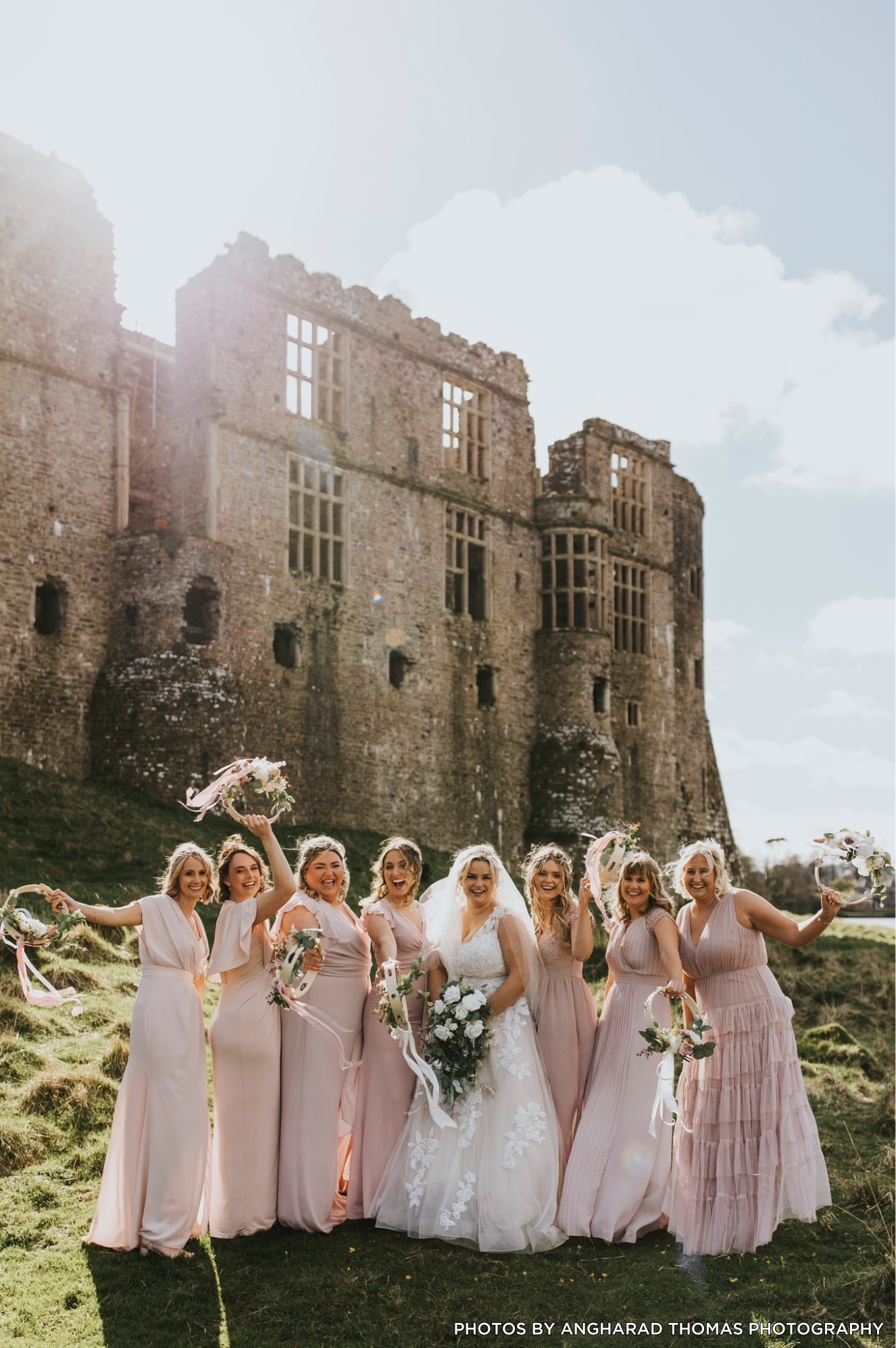 Bride and bridesmaids with Carew Castle in background