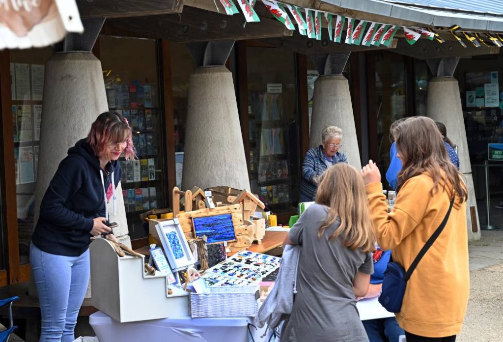 Outdoor stalls at an Oriel y Parc craft market.