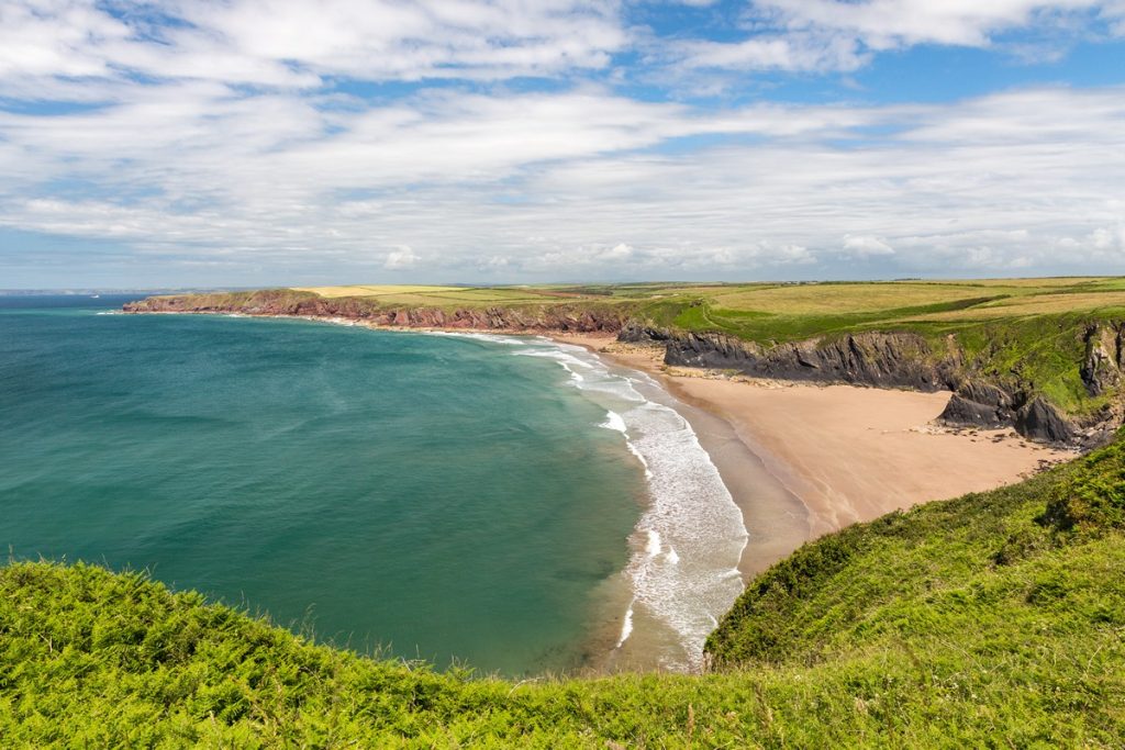 A clifftop view of Musselwick Sands on a fine day.