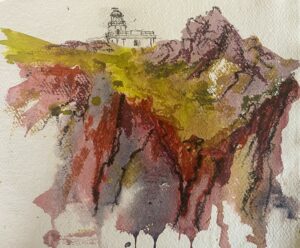 A painting of a landscape with a lighthouse by Bron Jones